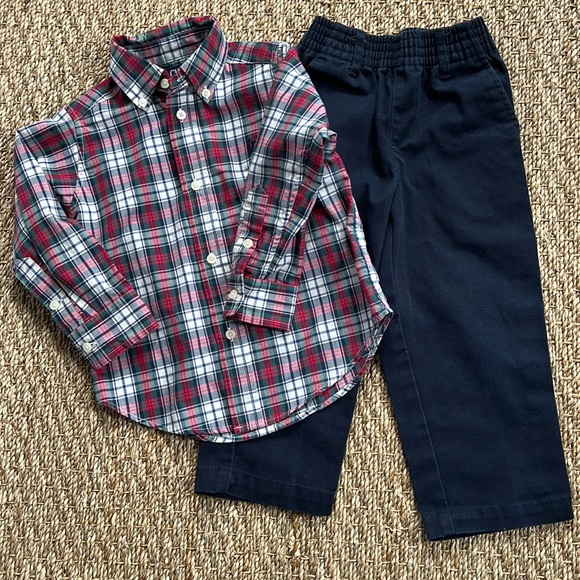 Boys 2T Dress Outfit Champs Plaid Button Up Shirt and Austin Navy Khaki Pants - Picture 1 of 9
